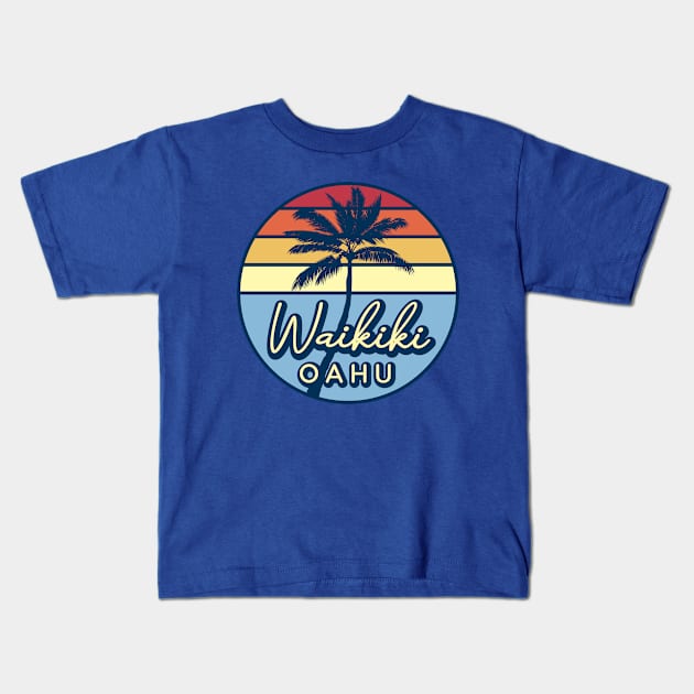 Waikiki Oahu Hawaii Retro Sunset Kids T-Shirt by PnJ